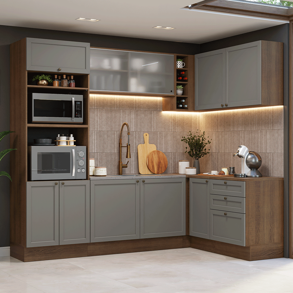 Cocina Integral Esquinera 399 cm Marrón/Gris Vik Madesa 01