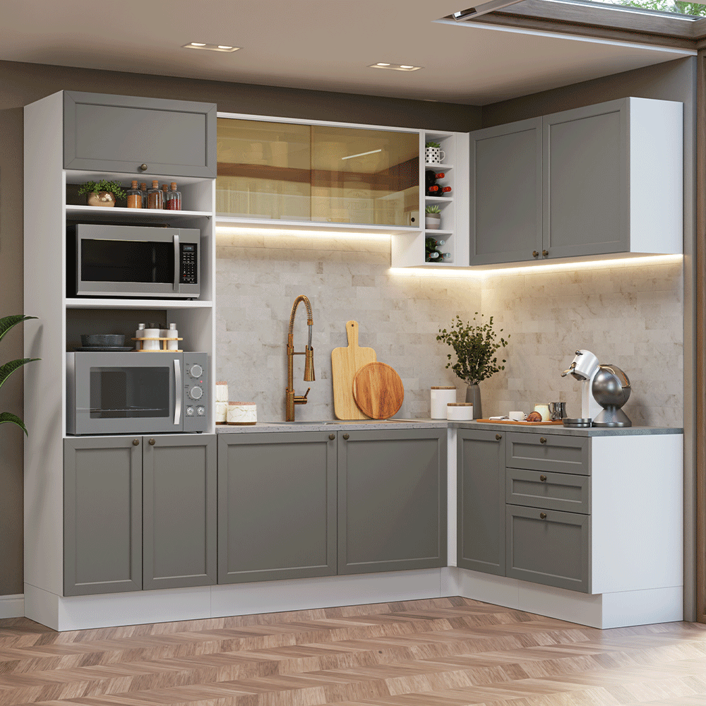 Cocina Integral Esquinera 399 cm Blanco/Gris Vik Madesa 02
