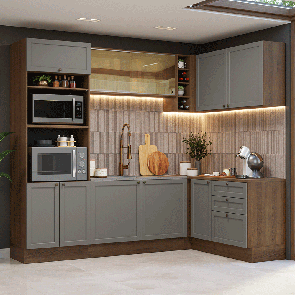 Cocina Integral Esquinera 399 cm Marrón/Gris Vik Madesa 02