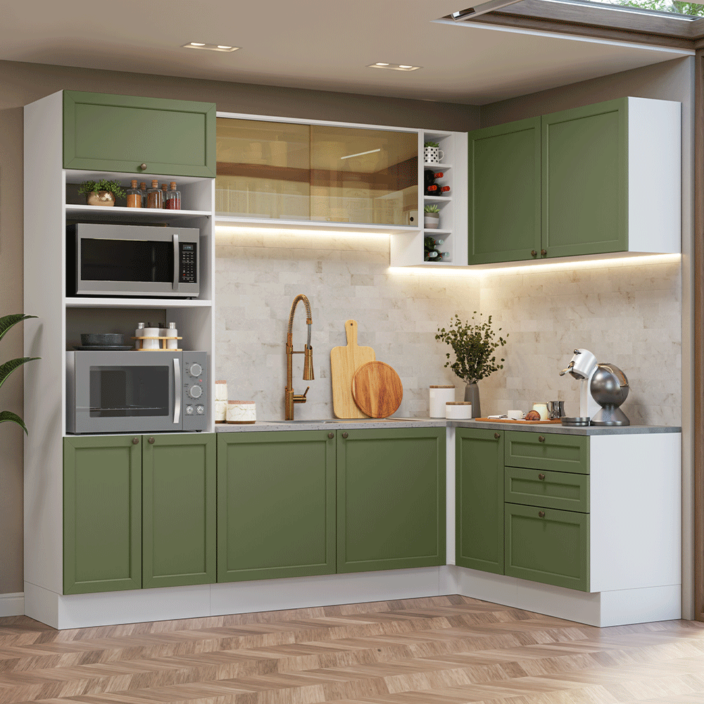 Cocina Integral Esquinera 399 cm Blanco/Verde Vik Madesa 02