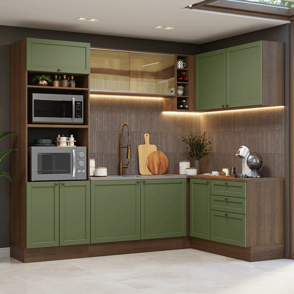 Cocina Integral Esquinera 399 cm Marrón/Verde Vik Madesa 02
