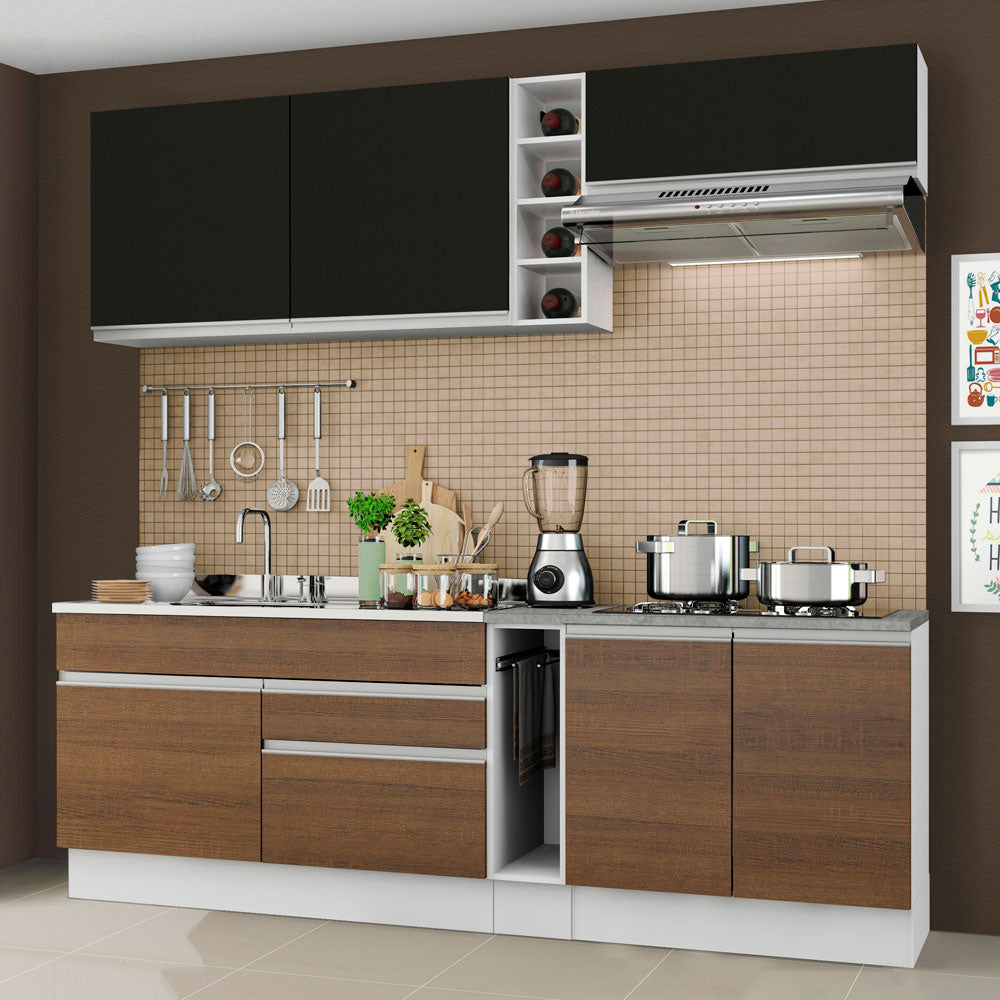 Kit Cocina Lineal- Glamy 220 cm - Blanco - Marrón / Negro