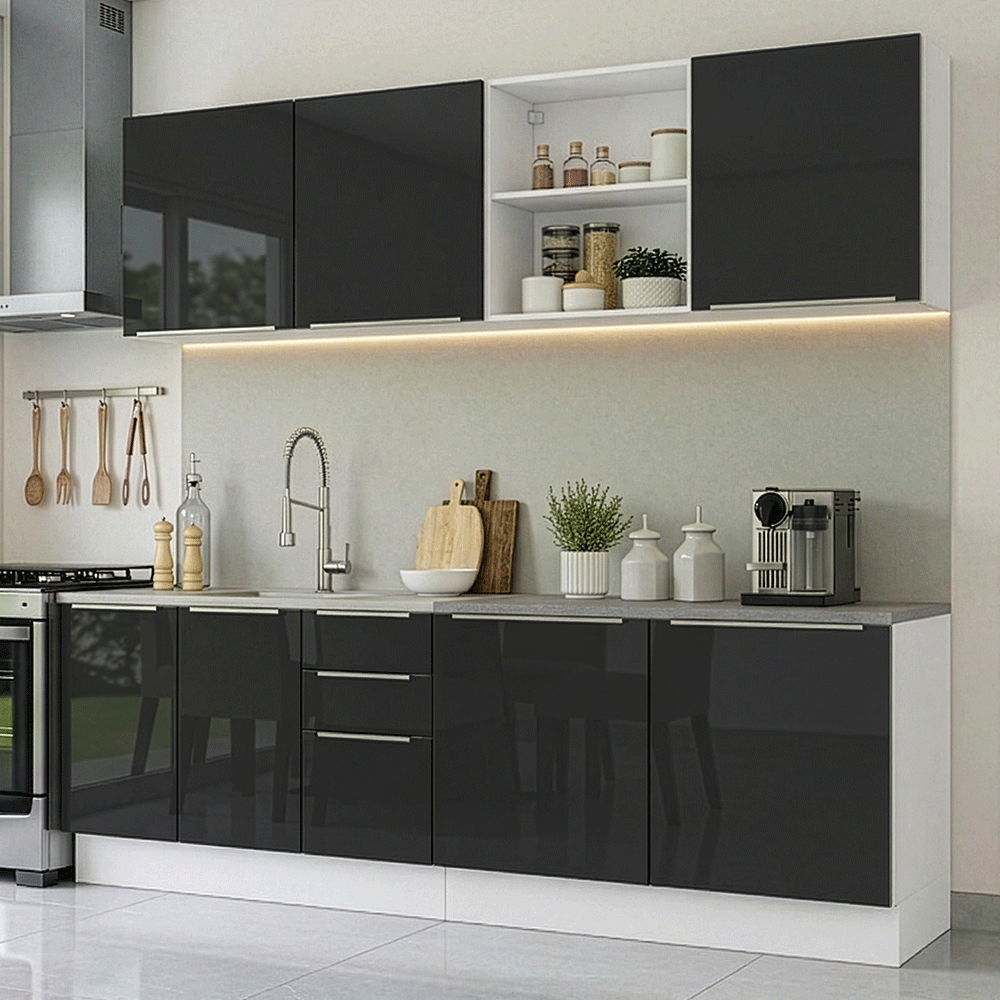 Cocina Integral 240 cm Blanco/Negro Lux Madesa 09