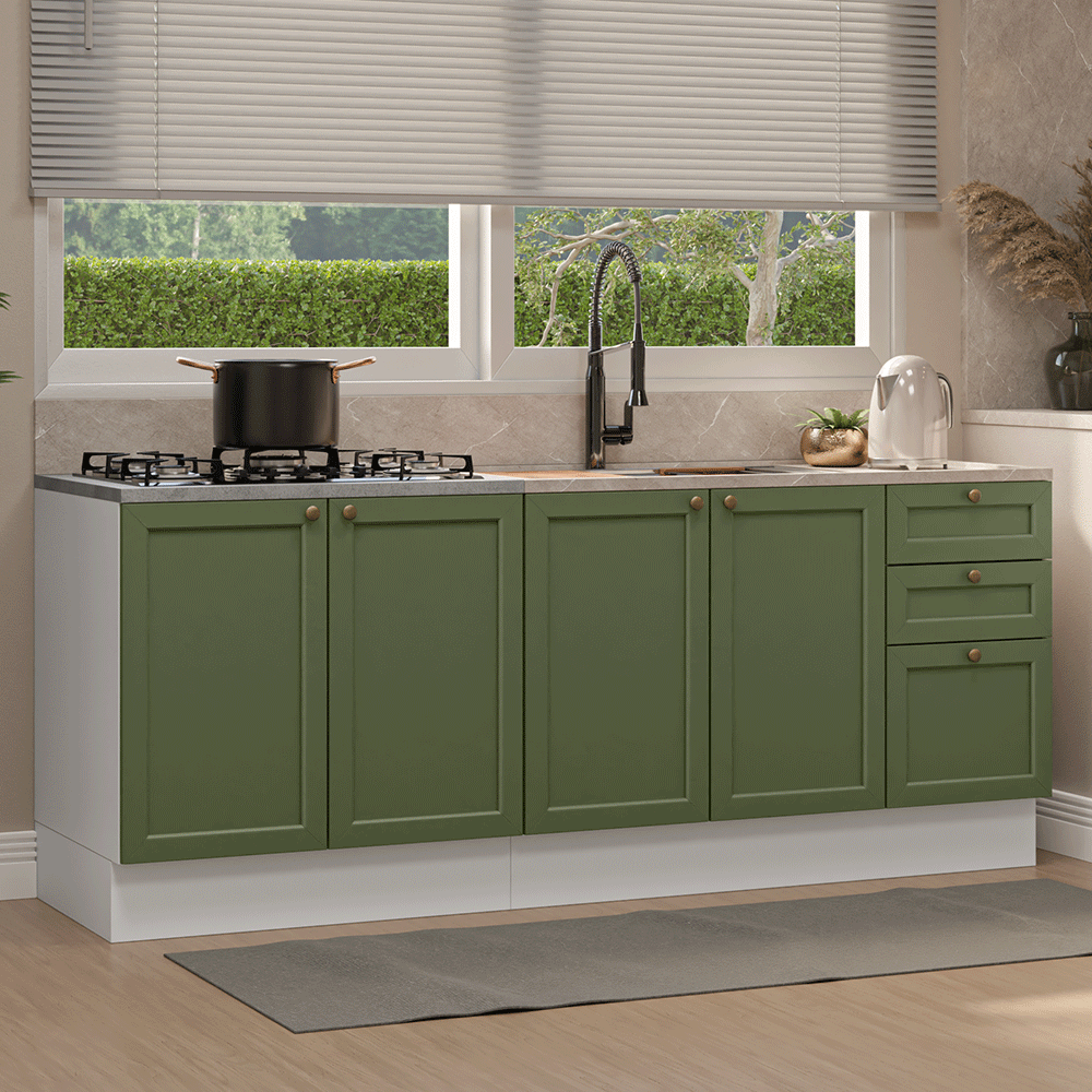 Combo con 2 Gabinetes de Cocina 4 Puertas 3 Cajones (Sin encimera/Fregadero/Tarja) Blanco/Verde Vik Madesa 01