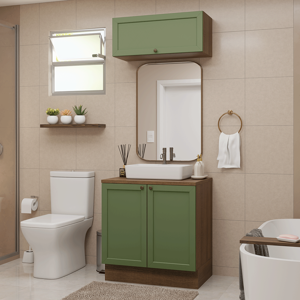 Combo Gabinete Bajo para Baño 80cm 3 Puertas Marrón/Verde Vik Madesa 02