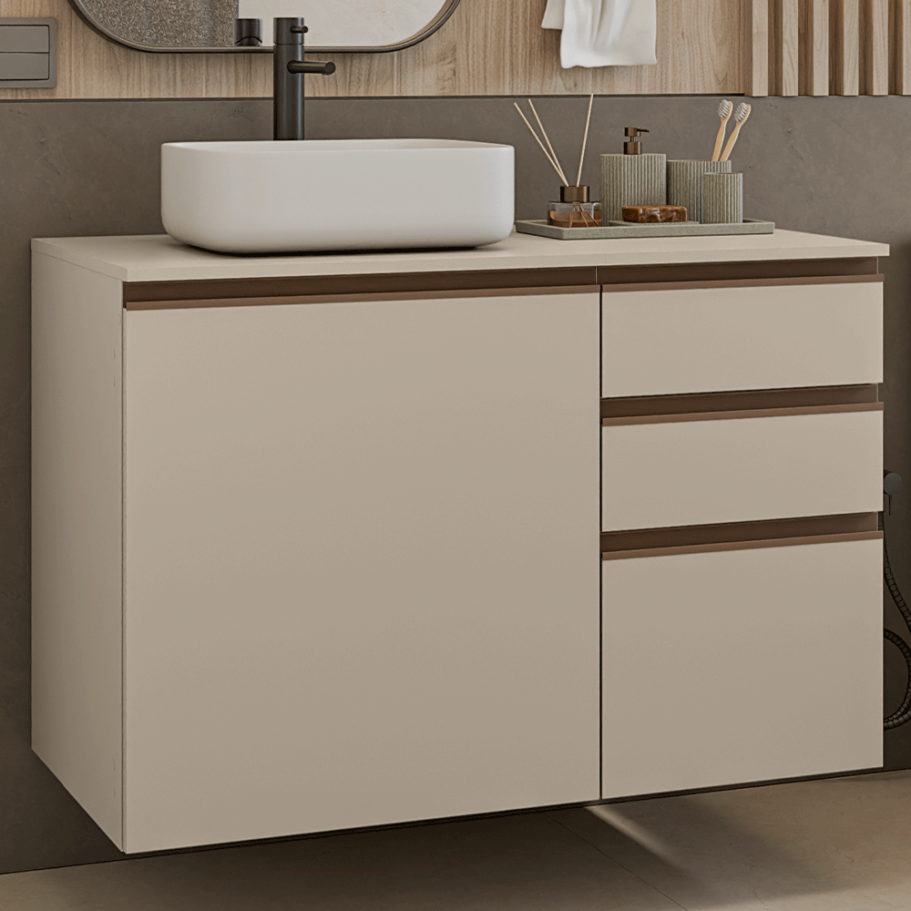Gabinete Bajo para Baño de 100cm Sin Patas 1 Puerta 3 cajones Crema Nice 03