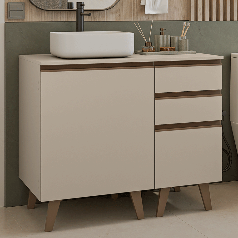 Gabinete Bajo para Baño de 100cm Con Patas 1 Puerta 3 Gavetas Crema Nice 04