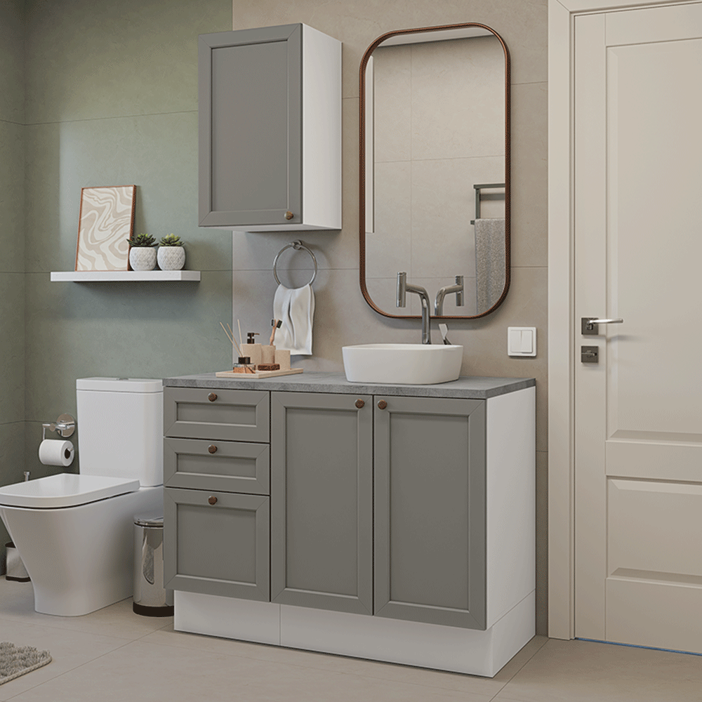 Combo Gabinete Bajo para Baño 110cm 3 Gavetas 3 Puertas Blanco/Gris Vik Madesa 01