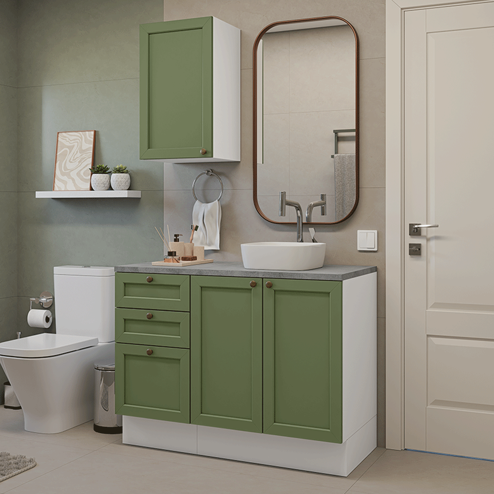 Combo Gabinete Bajo para Baño 110cm 3 Gavetas 3 Puertas Blanco/Verde Vik Madesa 01