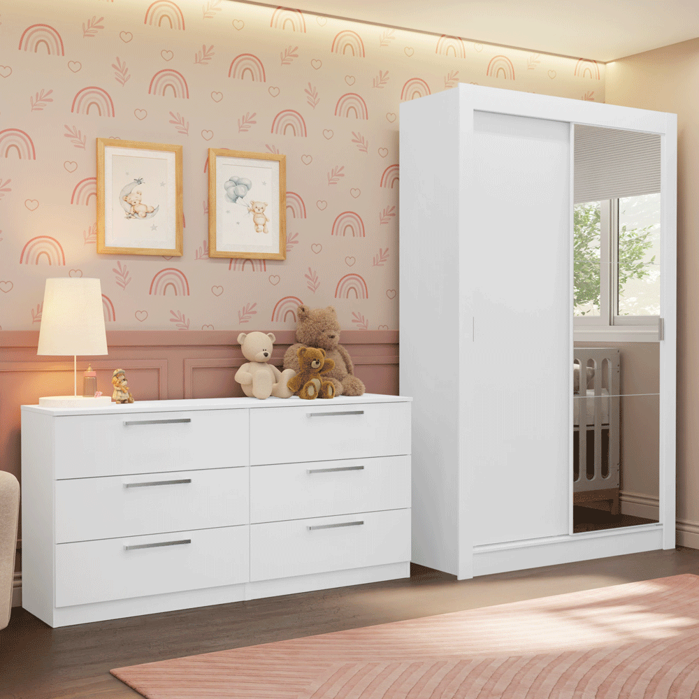 Recámara Infantil Clóset 117cm 2 Puertas con Espejo y Cómoda Blanco