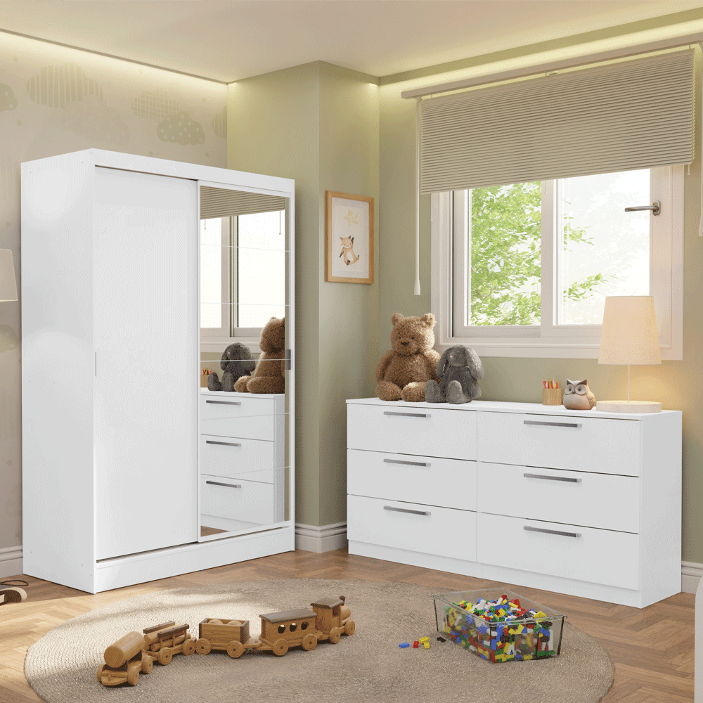 Recámara Infantil Clóset 119cm 2 Puertas 2 Cajones con Espejo y Cómoda Blanco
