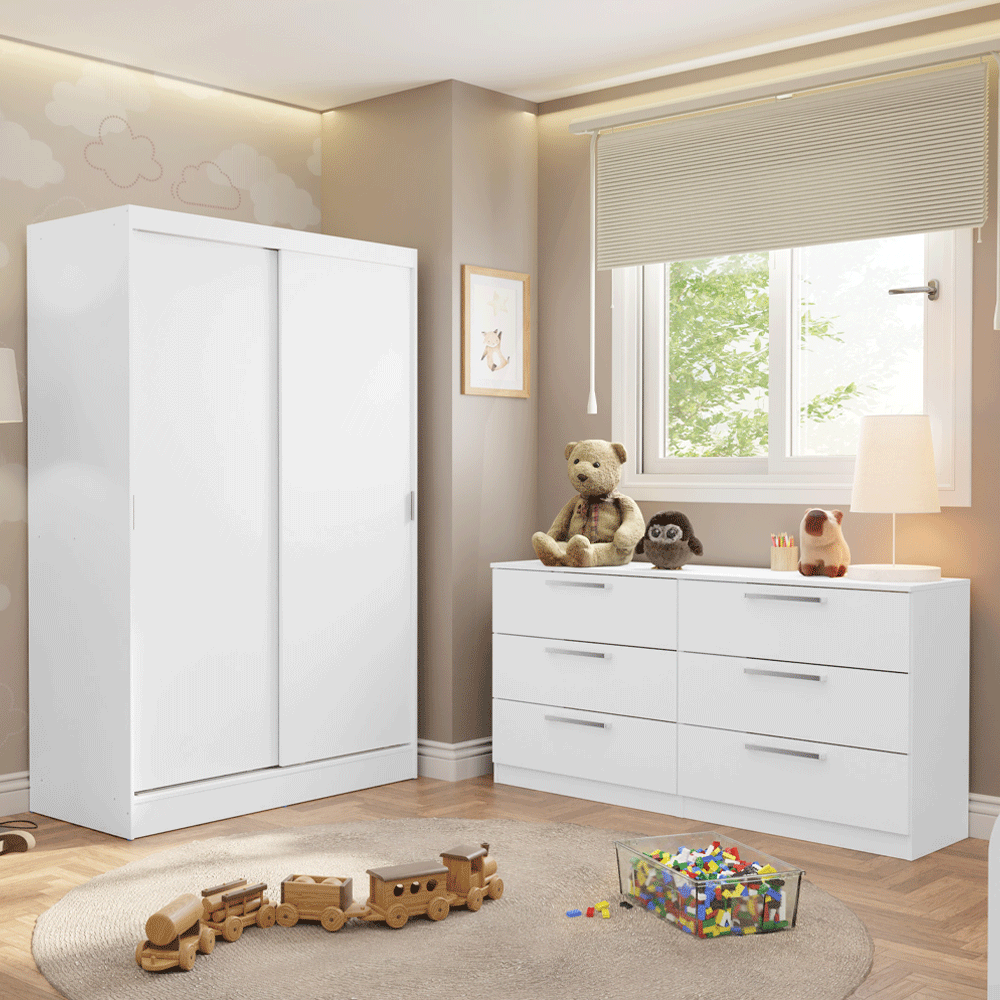 Recámara Infantil Clóset 119cm 2 Puertas 2 Cajones y Cómoda 6 Cajones Blanco