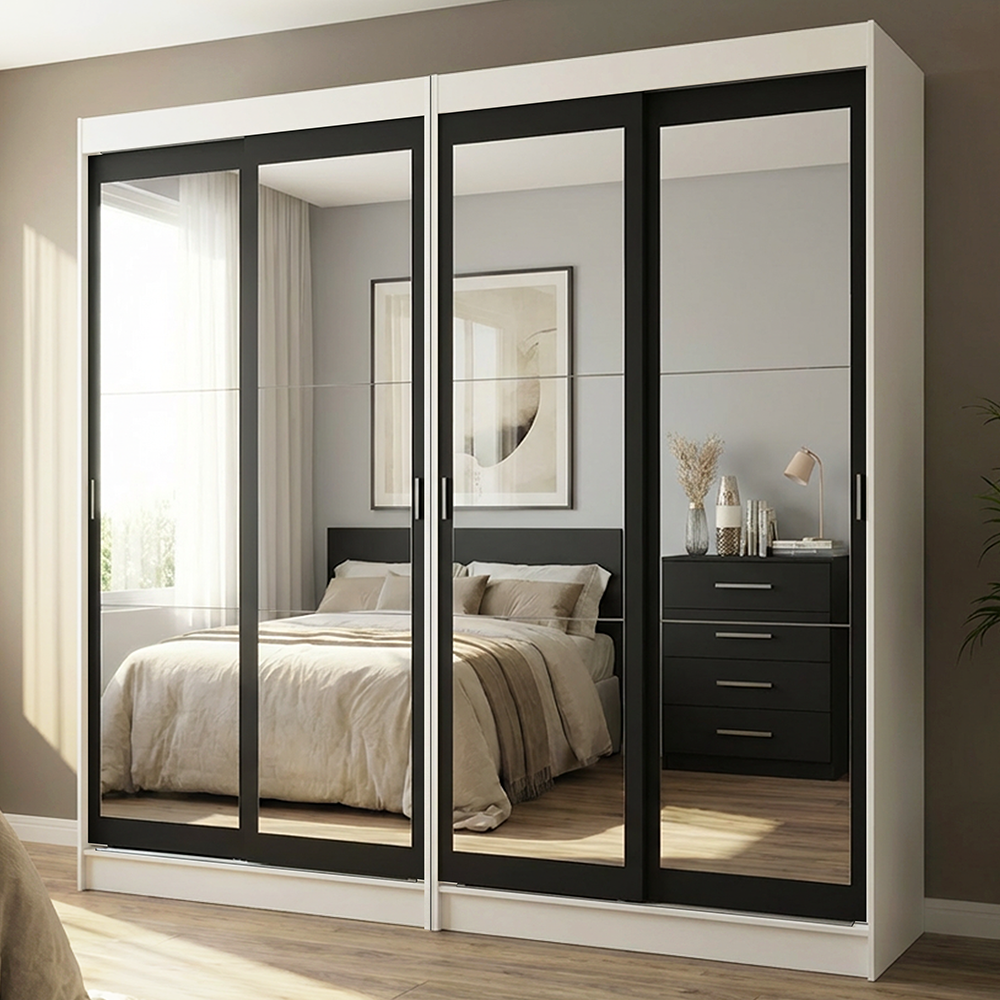 Conjunto de 2 Clósets 4 Puertas Corredizas con 4 Espejos Blanco/Negro Tokio Madesa