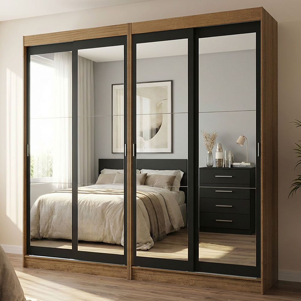 Conjunto de 2 Clósets 4 Puertas Corredizas con 4 Espejos Marrón/Negro Tokio Madesa