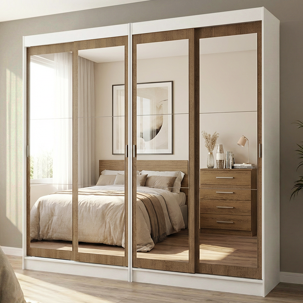 Conjunto de 2 Clósets 4 Puertas Corredizas con 4 Espejos Blanco/Marrón Tokio Madesa