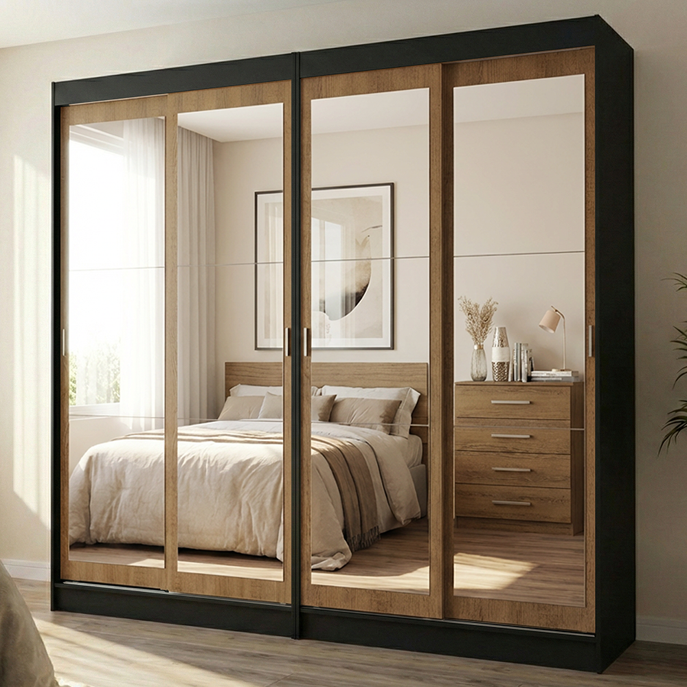 Conjunto de 2 Clósets 4 Puertas Corredizas con 4 Espejos Negro/Marrón Tokio Madesa