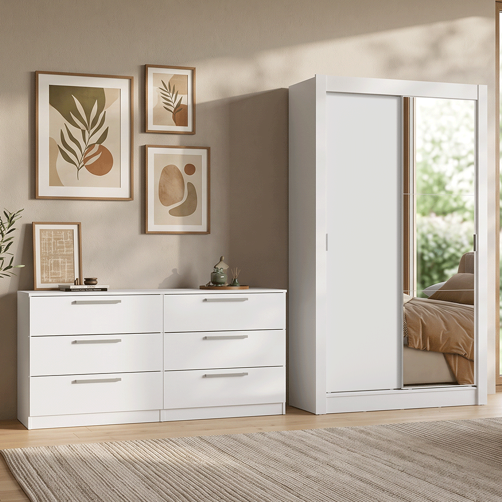 Conjunto de Recámara Individual con Clóset 2 Puertas con 1 Espejo y Cómoda Blanco Madesa