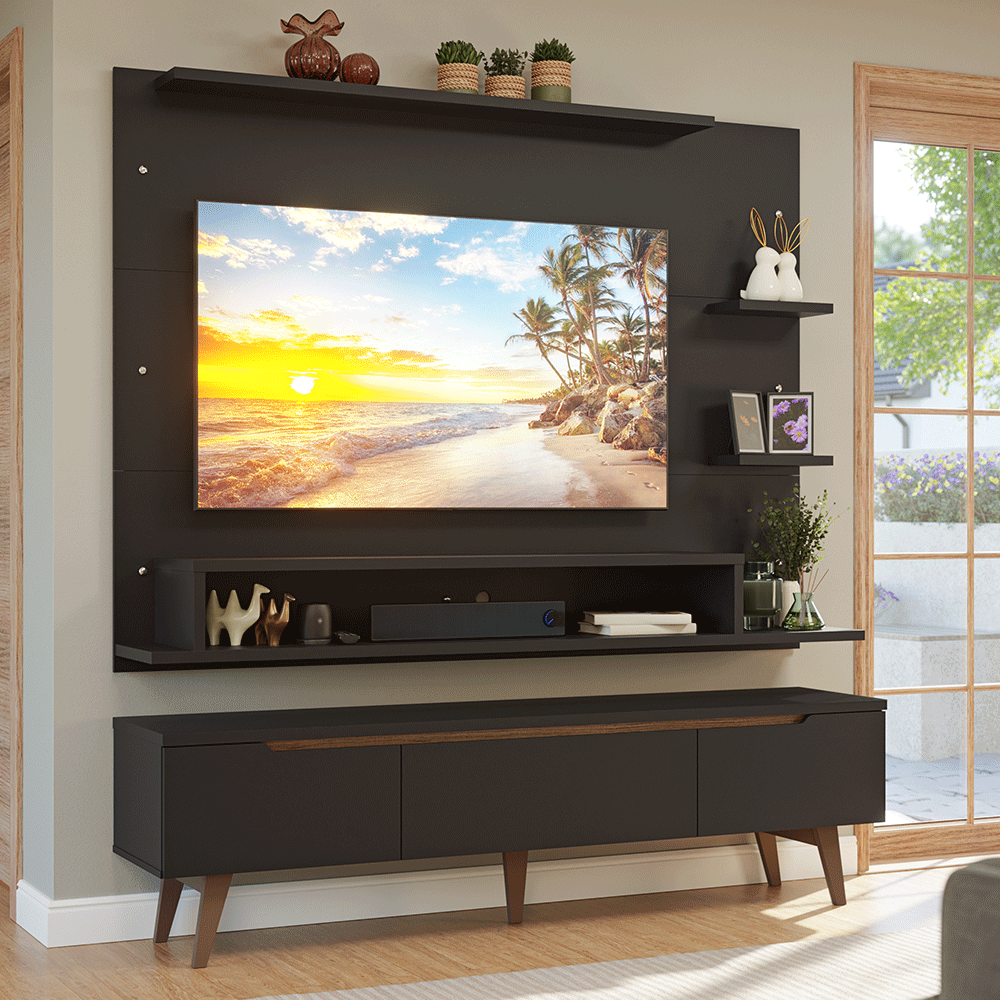 Mueble con Panel para TV hasta 60 Pulgadas 180 cm con patas Negro/Marrón Reims Madesa