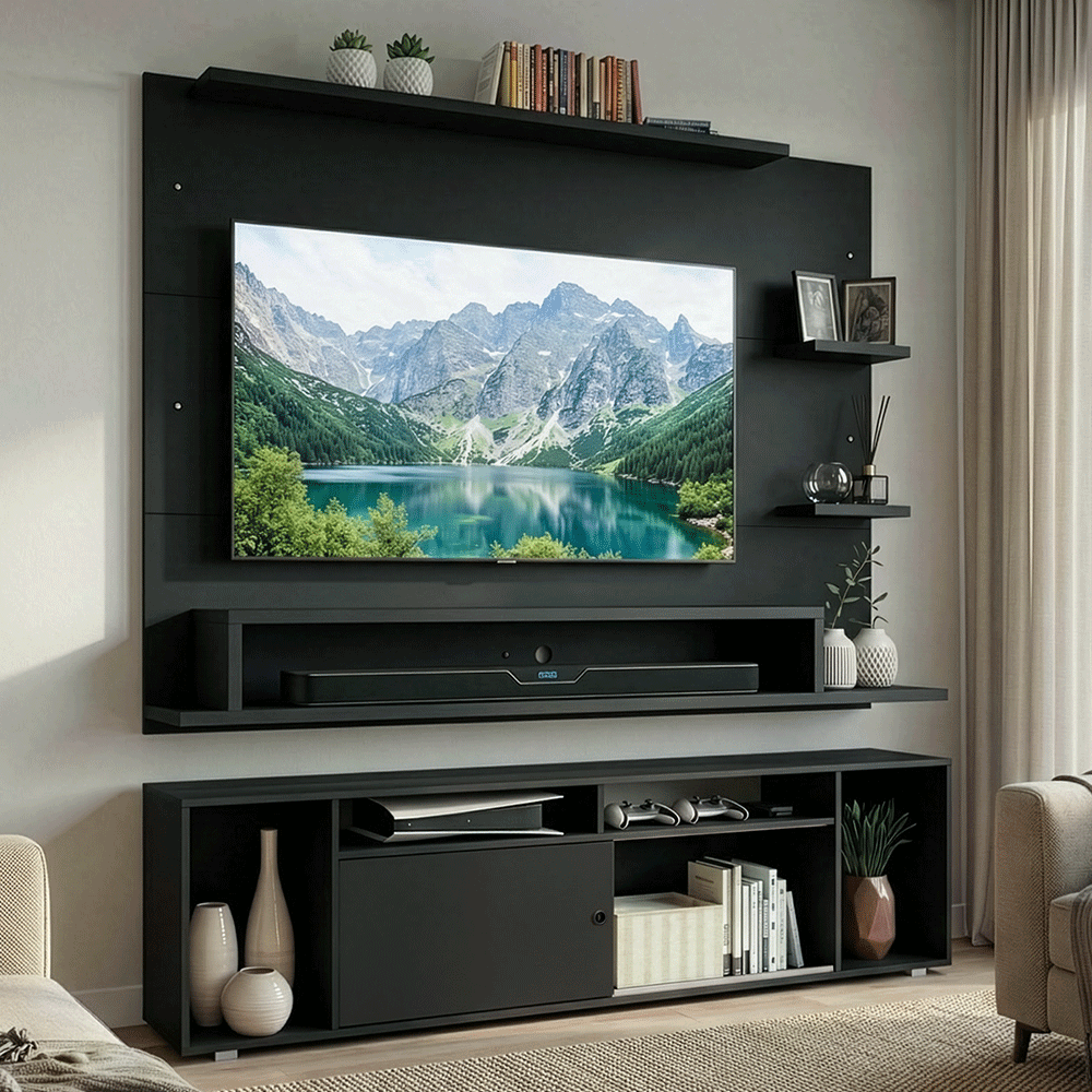 Mueble con Panel para TV hasta 60 Pulgadas 180 cm Negro Cancun Madesa