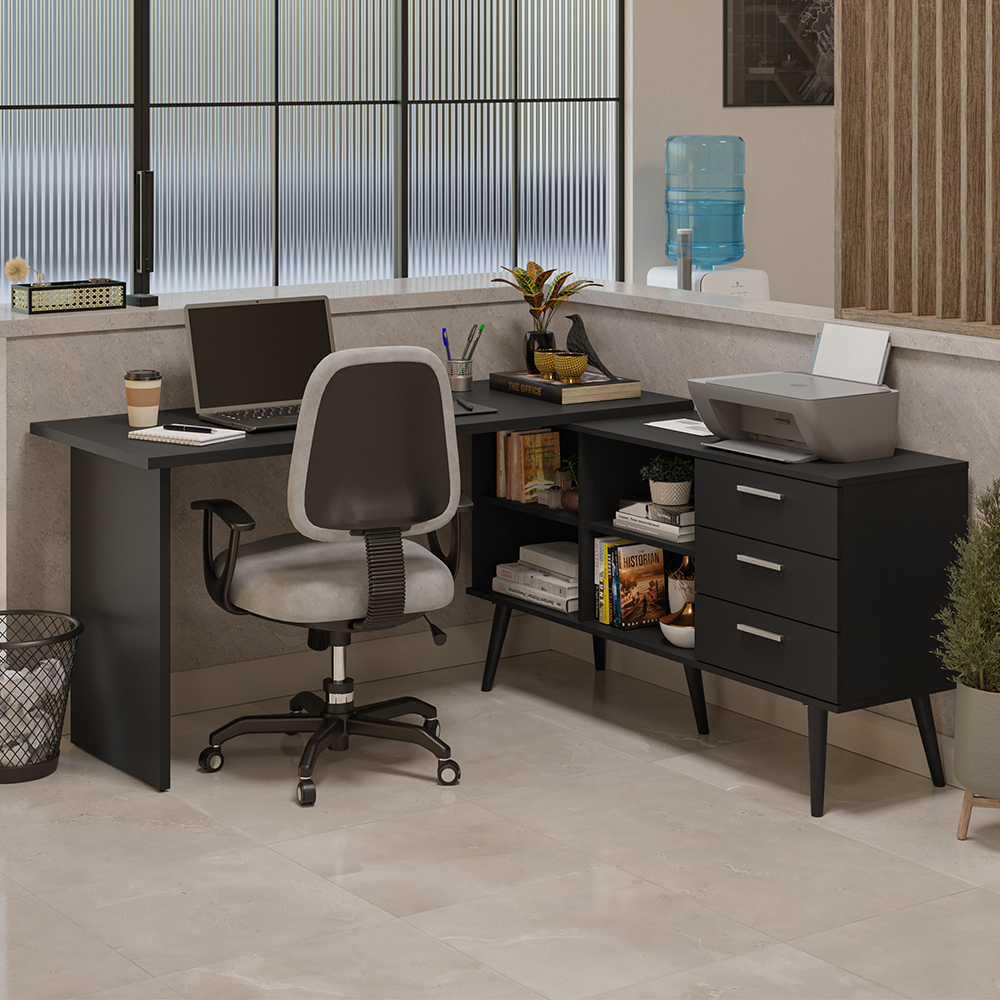 Escritorio Esquinero para Computadora Gamer 3 Cajones Negro Lisboa 07