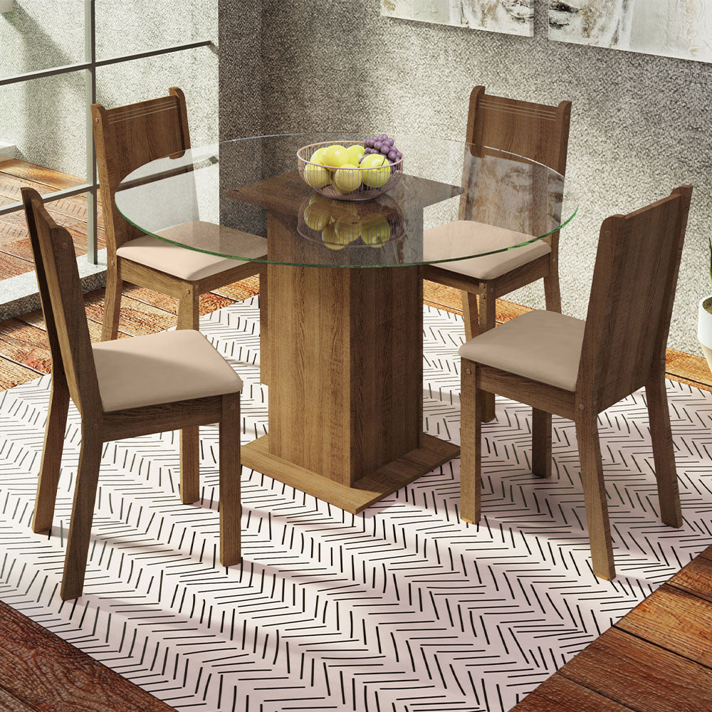 Juego de Comedor Encimera de Vidrio Circular 4 Sillas Marrón/Beige Paula
