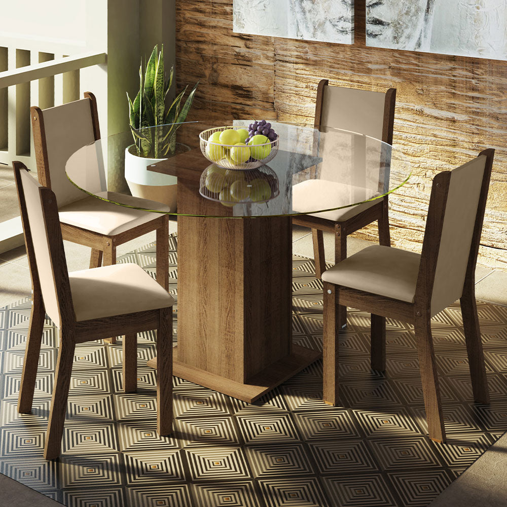 Juego de Comedor Encimera de Vidrio Circular 4 Sillas Marrón/Crema/Beige Madu