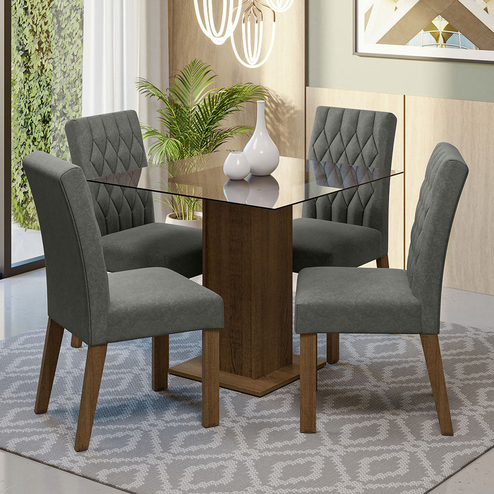 Juego de Comedor Mesa Encimera de Vidrio 4 Sillas Marrón/Silver Noemi