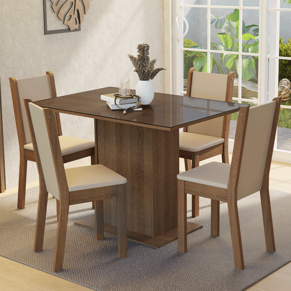 Juego de Comedor Mesa con Encimera de Vidrio 4 Sillas Marrón/Crema/Sintético Beige Martina