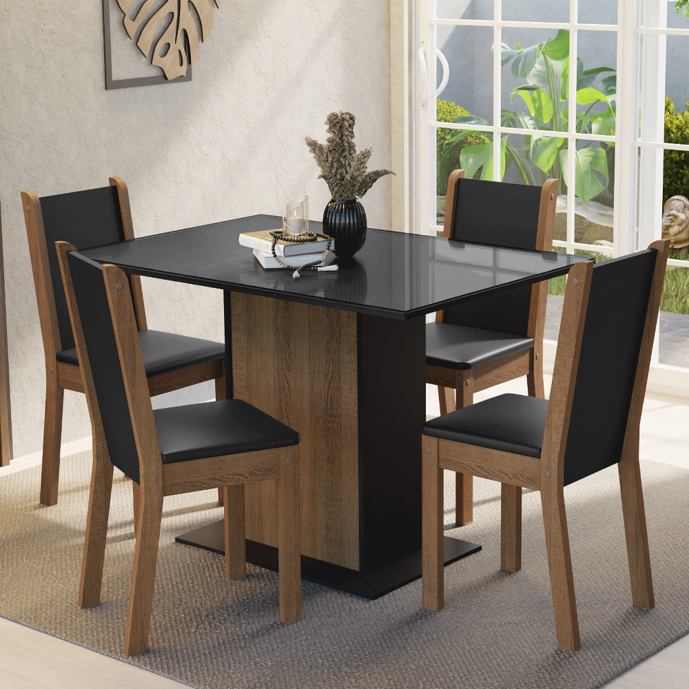 Juego de Comedor Mesa con Encimera de Vidrio 4 Sillas Negro/Marrón Martina