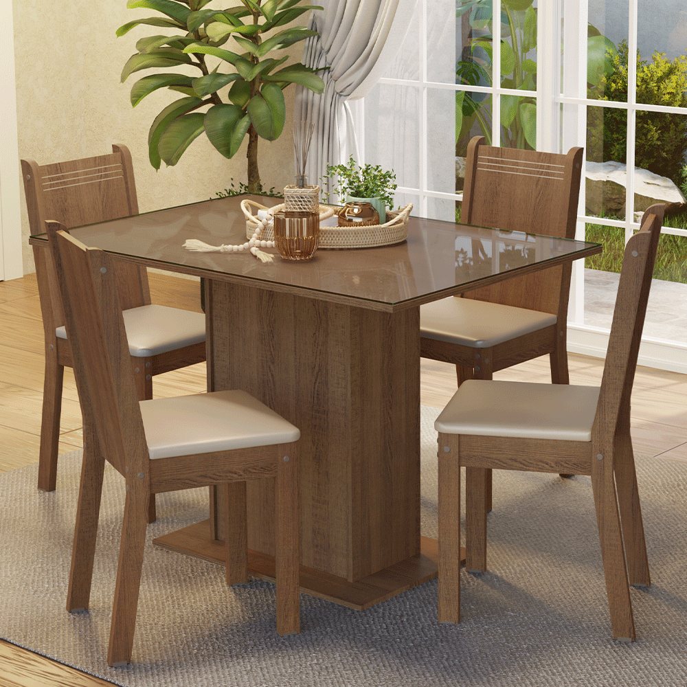 Juego de Comedor Mesa con Encimera de Vidrio 4 Sillas Marrón/Beige Camelia