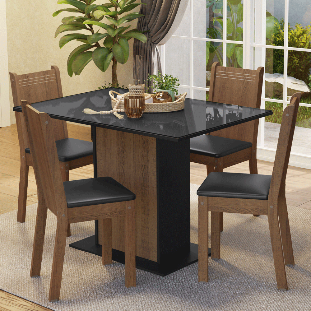 Juego de Comedor Mesa con Encimera de Vidrio 4 Sillas Negro/Marrón Camelia