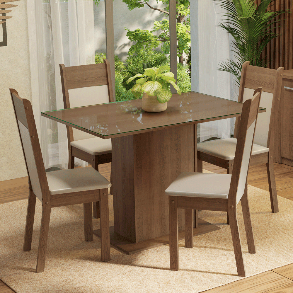 Juego de Comedor Mesa con Encimera de Vidrio 4 Sillas Marrón/Crema/Beige Viena