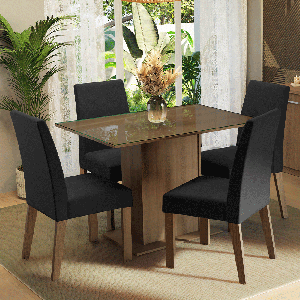 Juego de Comedor Mesa con Encimera de Vidrio 4 Sillas Marrón/Oxford Zion
