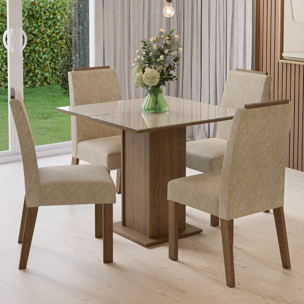 Juego de Comedor Encimera de Vidrio 4 Sillas Marrón/Crema/Imperial Sines Madesa
