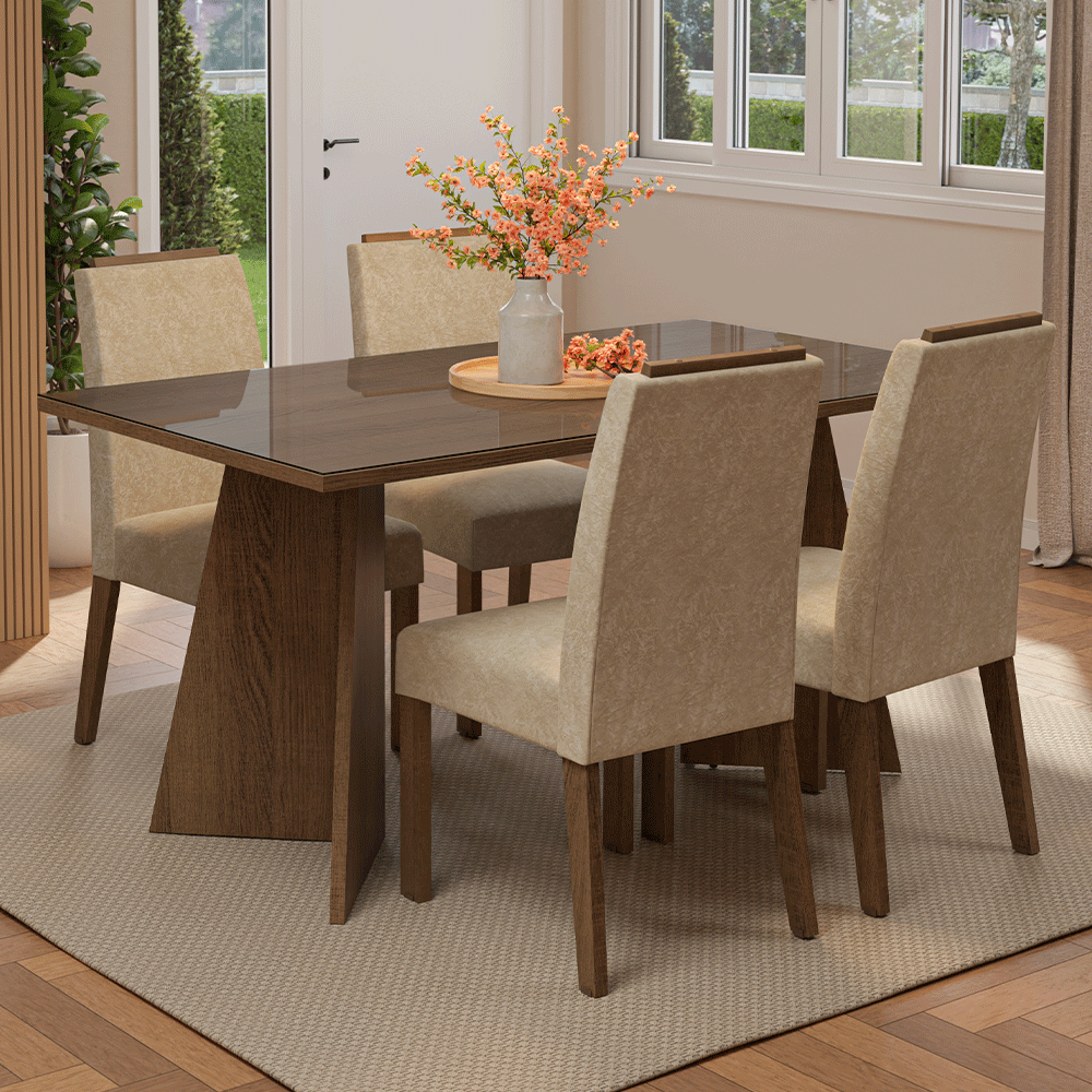 Conjunto de Comedor Encimera de Vidrio 4 Sillas Marrón/Imperial Braga Madesa