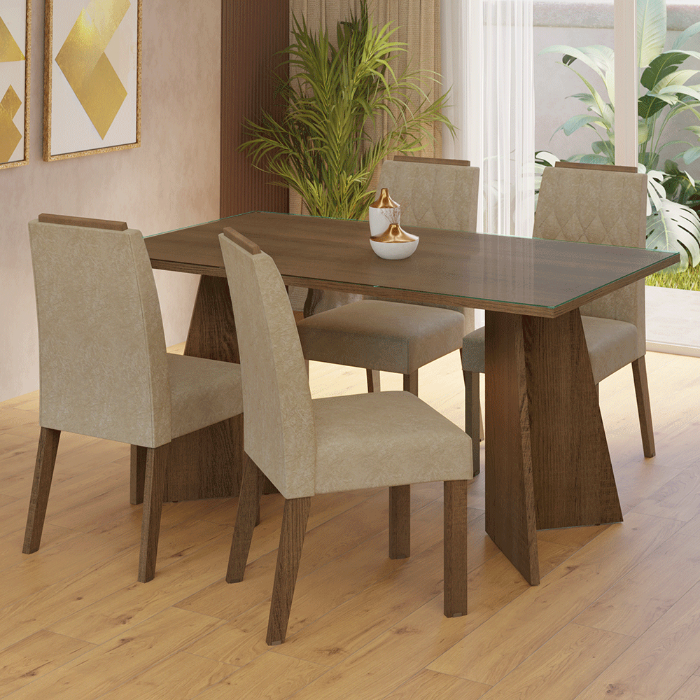 Conjunto de Comedor Mesa Encimera de Vidrio 4 Sillas Marrón/Imperial Porto Madesa
