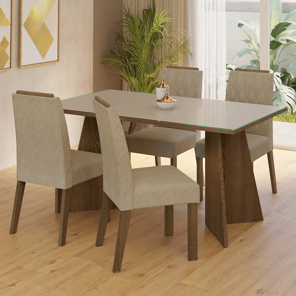 Conjunto de Comedor Mesa Encimera de Vidrio 4 Sillas Marrón/Crema/Imperial Porto Madesa