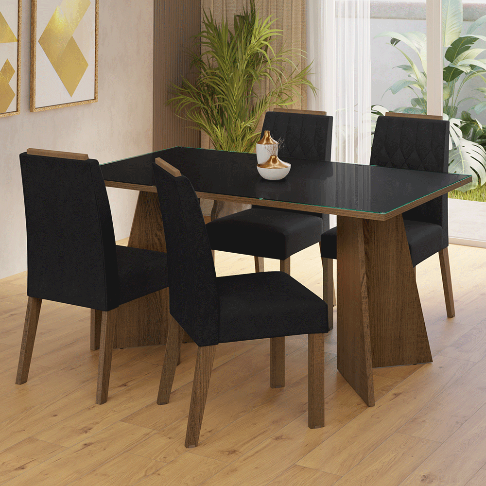 Conjunto de Comedor Mesa Encimera de Vidrio 4 Sillas Marrón/Negro/Oxford Porto Madesa