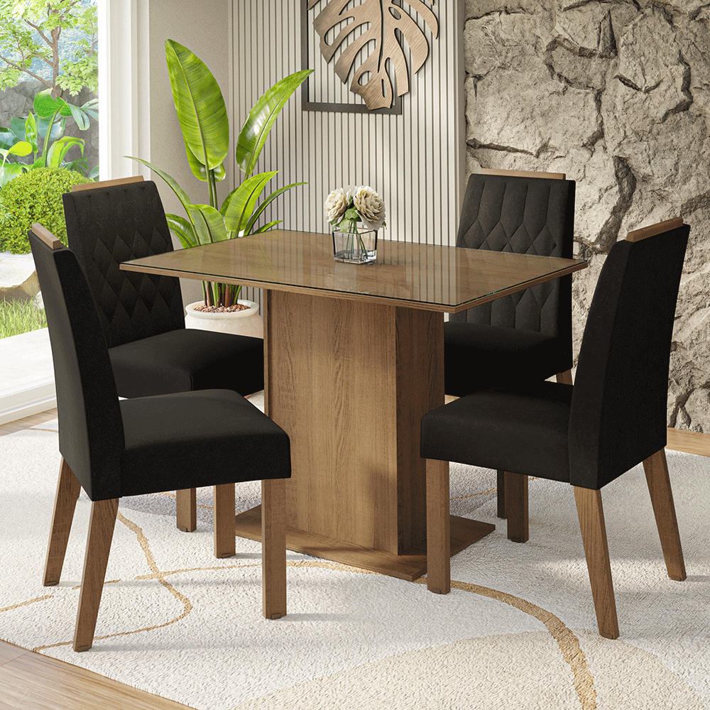 Conjunto de Comedor Encimera de Vidrio 4 Sillas Marrón/Oxford Pitanga Madesa