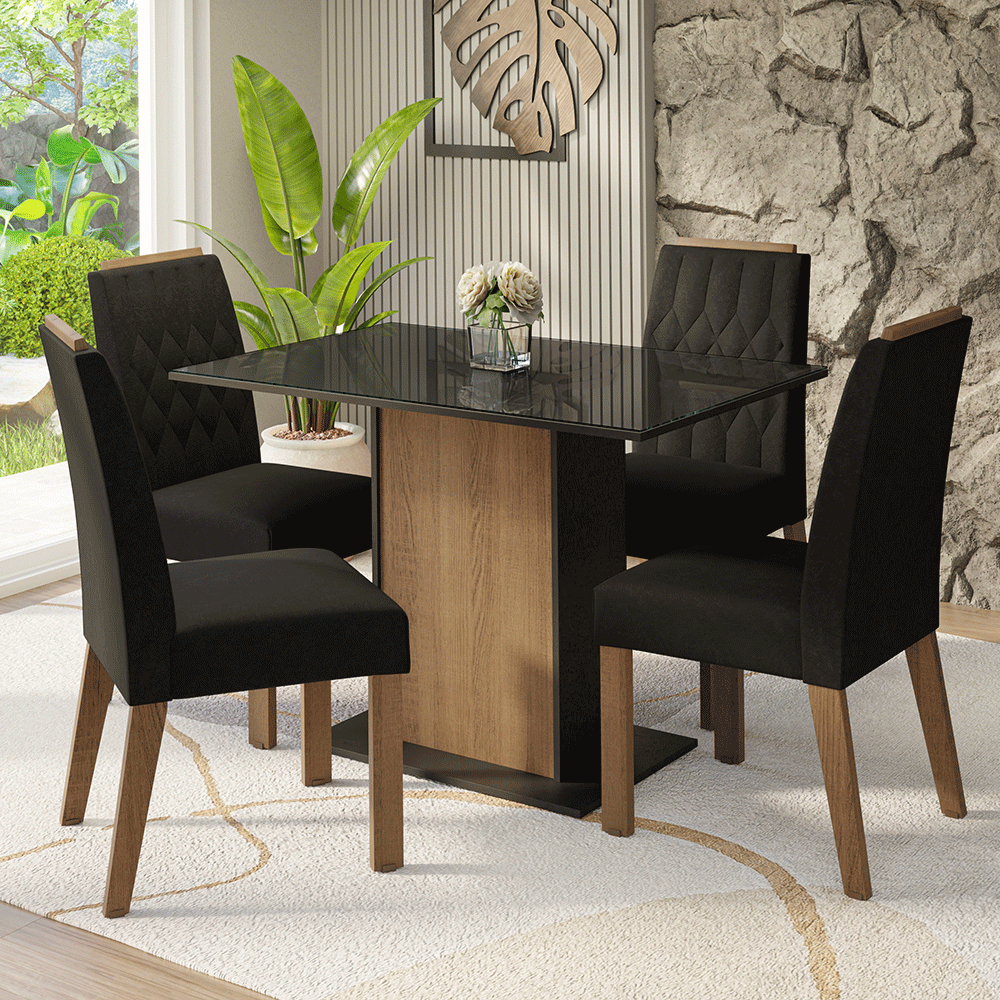 Conjunto de Comedor Encimera de Vidrio 4 Sillas Marrón/Negro/Oxford Pitanga Madesa