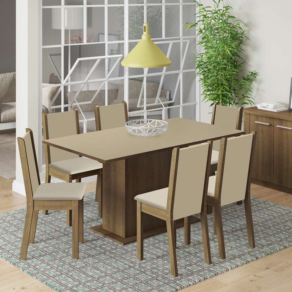 Conjunto Comedor Ohana Mesa Encimera de Madera con 6 Sillas Marrón/Crema/Sintético Beige