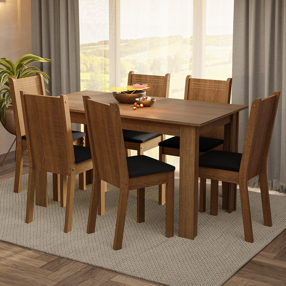Juego de Comedor Analu Mesa con Encimera de Madera y 6 Sillas Marrón/Negro