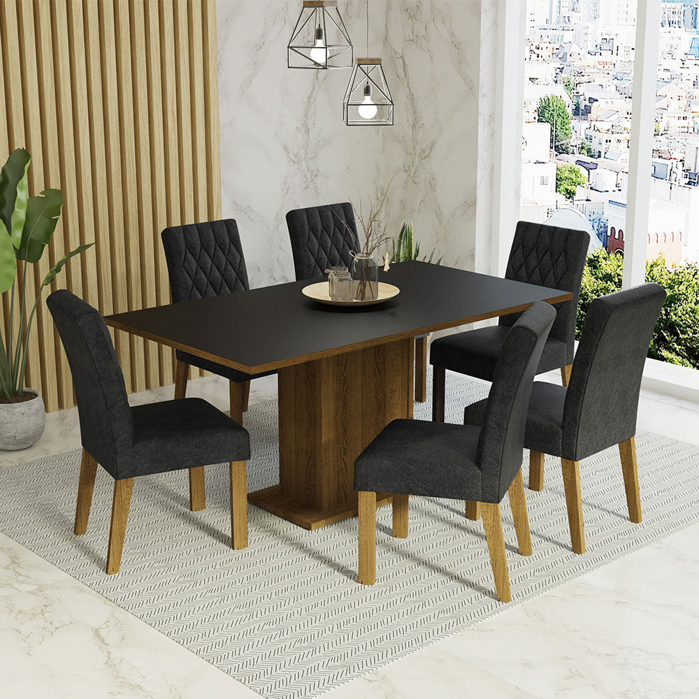 Juego de Comedor Mesa con Encimera de Madera 6 Sillas Marrón/Negro/Oxford Hanna
