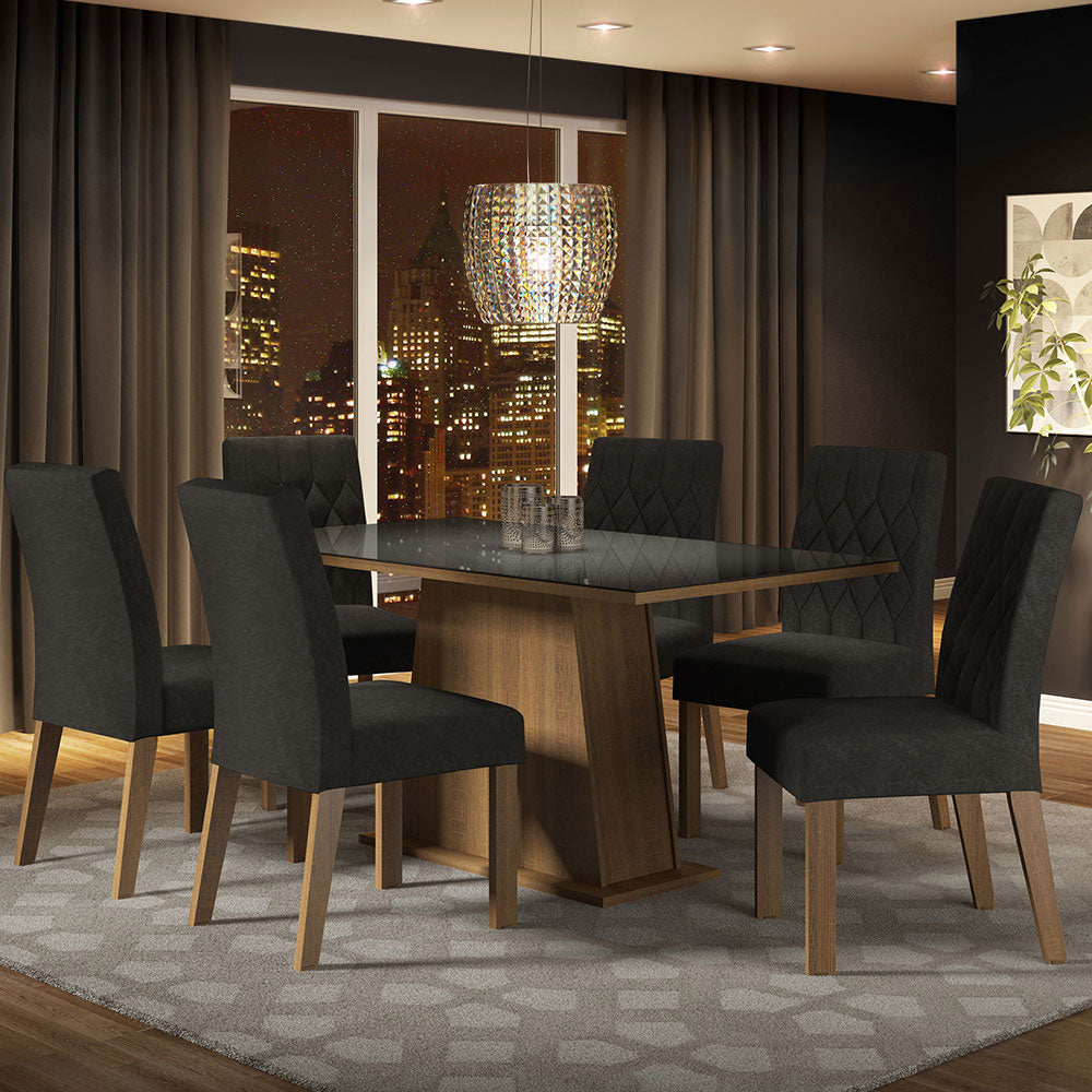 Juego de Comedor Mesa con Encimera de Vidrio 6 Sillas Marrón/Negro/Oxford Stéfani