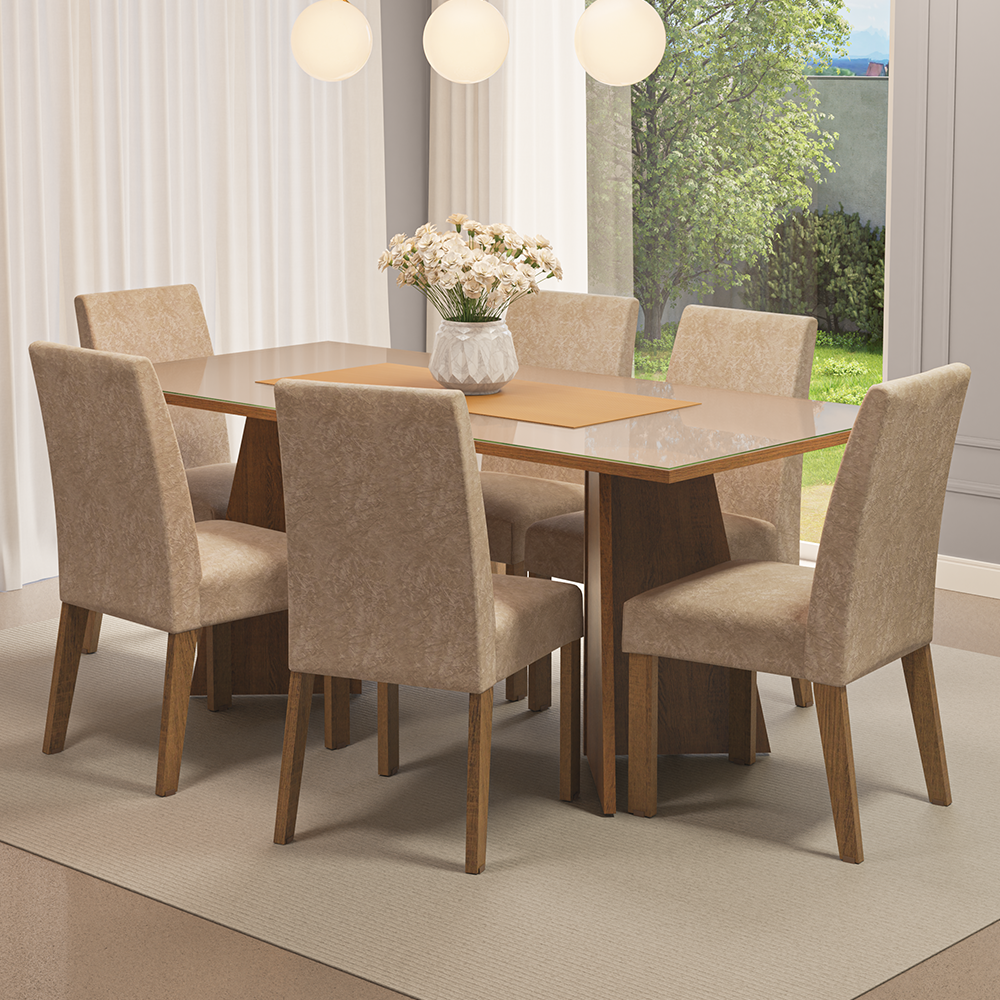 Juego de Comedor Mesa Encimera de Vidrio 6 Sillas Marrón/Crema/Imperial Valerie