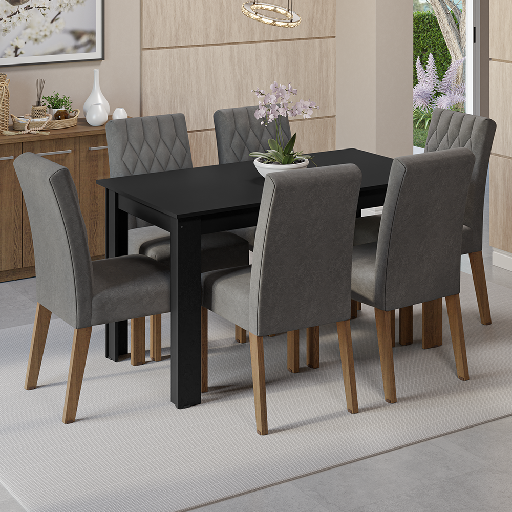 Juego de Comedor Mesa con Encimera de Madera 6 Sillas Marrón/Negro/Silver Allegro