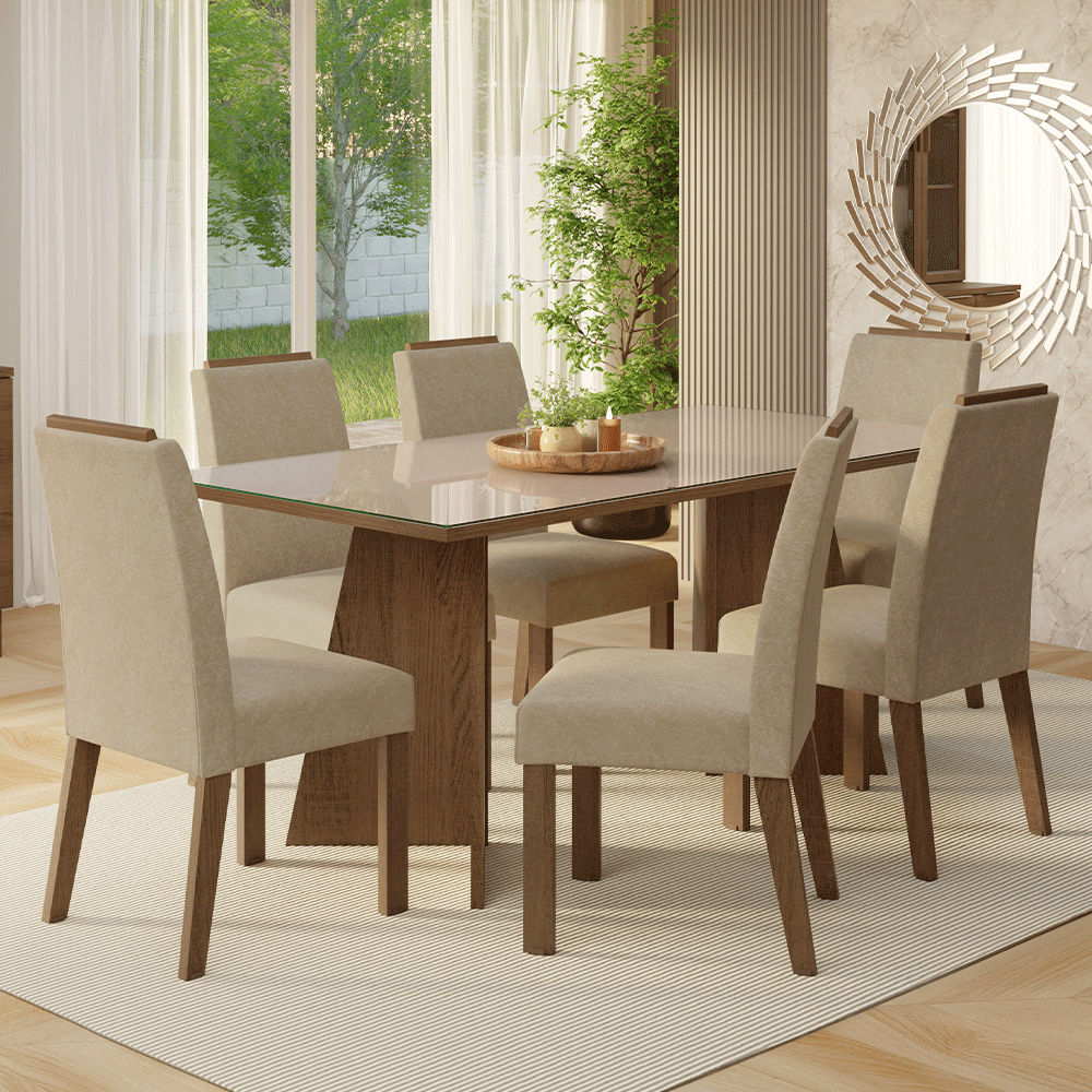 Juego de Comedor Encimera de Vidrio 6 Sillas Marrón/Crema/Imperial Amalfi Madesa