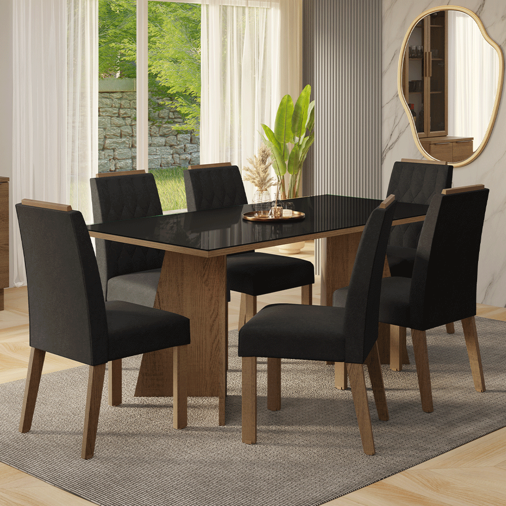 Juego de Comedor Encimera de Vidrio 6 Sillas Marrón/Negro/Oxford Siena Madesa