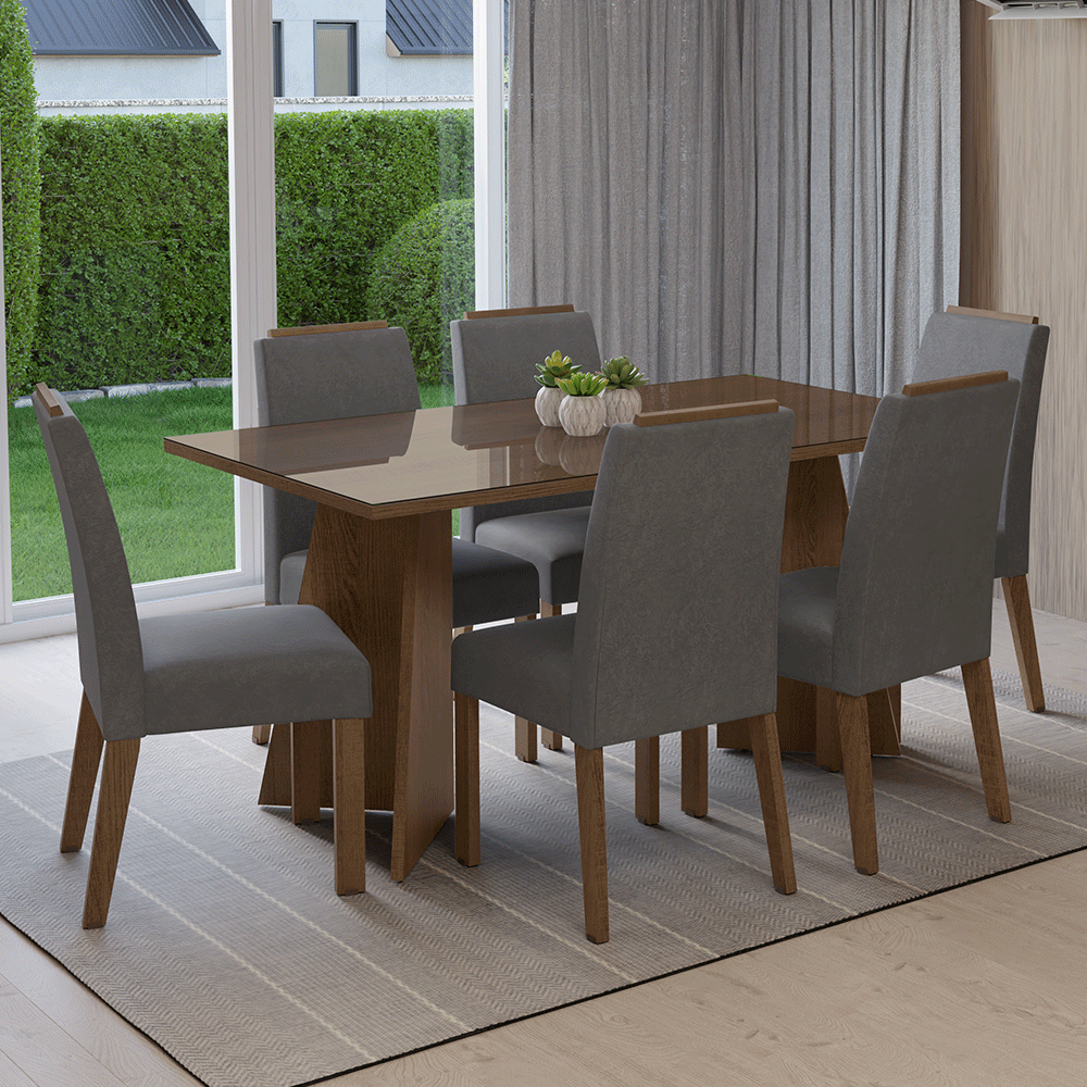 Conjunto de Comedor Encimera de Vidrio 6 Sillas Marrón/Silver Madrid Madesa