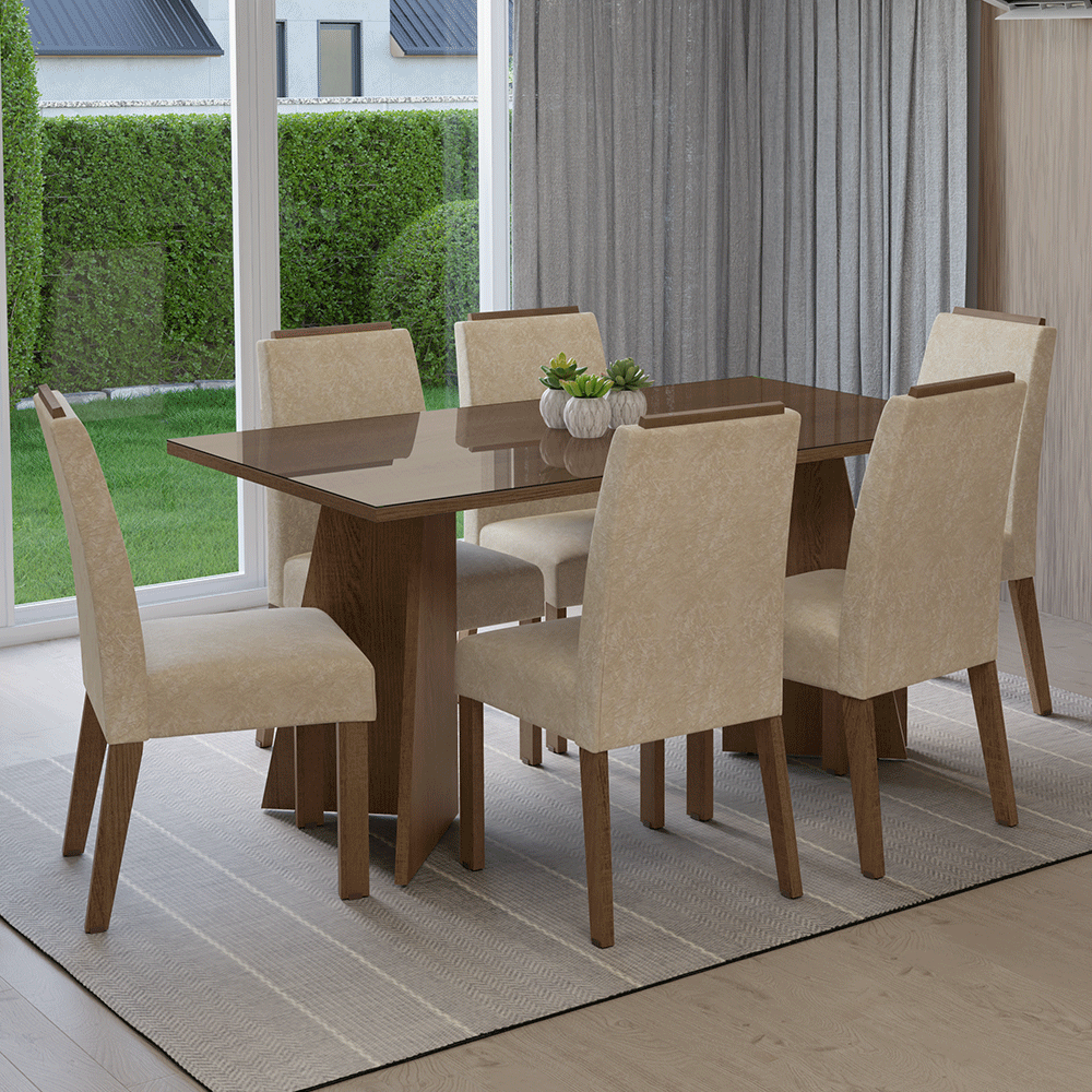 Conjunto de Comedor Encimera de Vidrio 6 Sillas Marrón/Crema Madrid Madesa